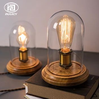 Vintage Edison Žiarovka Tabuľka Svetlá Retro Drevený Základ & Číre Sklo Tieni Deak Lampa pre Spálne Štúdia Posteli Kaviareň Dekor