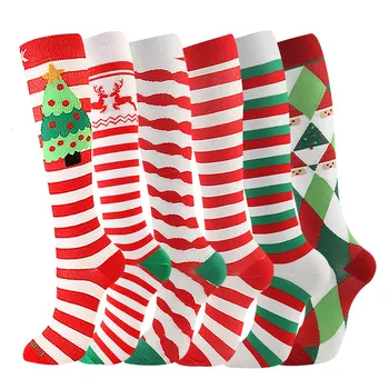 6 Párov Mix Vianočné Vysoká Kompresia Osadenie Ženy Muži Beh Športové Cyklistické Ponožky Letu Cestovné Tlak Vianočné Ponožky