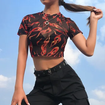 Wmen Lete Roku 2020 Krátke Rukávy Módne Oheň Vytlačené T-Shirt Vidieť-cez Oka Transparentné Topy Cool Fashion Slim O-krku Žena