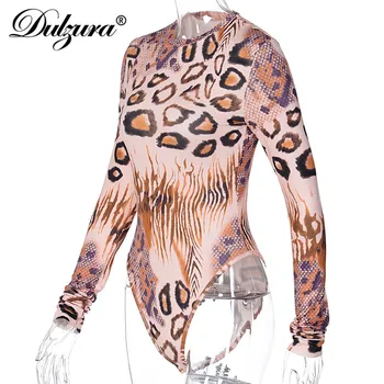 Dulzura Leopard Zviera Tlače Ženy Kombinézu S Dlhým Rukávom O Krk Bodycon Sexy Streetwear 2020 Jeseň Zimné Oblečenie Klub Tela