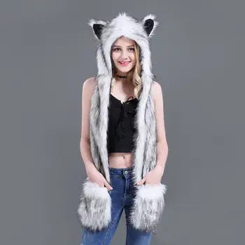 Fuzzy Načechraný Ženy Zimné Zvierat Vlk Mačka Ucho Klobúk Čiapky s Prstové Rukavice Plyšové Čiapočku