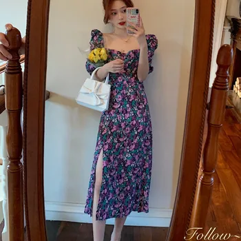 Vintage Kvet Letné Šaty Žien Kórejský Elegantné Elegantné Námestie Golier Lístkového Rukáv Boho Dovolenku Dlho Maxi Šaty Vestidos Ropa Mujer