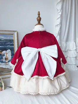 Dieťa Dievča, Jeseň, Zima Red Velvet Real Kožušiny Vintage španielsky Turecko Lolita Princezná plesové Šaty, Šaty pre Dievča Vianoce Príležitostné