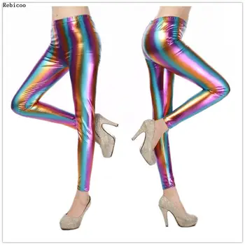Dámske Hologram Kovové Rainbow Legíny Lesk Neon Pruhy Vytlačené Vysoký Pás Nohavice Faux Kožené Strany Clubwear