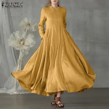 ZANZEA 2021 Ženy Elegantné Klope Strany Zips Dlhé Maxi Tunika Sundress Vintage Bavlna Vestidos Celý Rukáv Muchárik Pevné Šaty