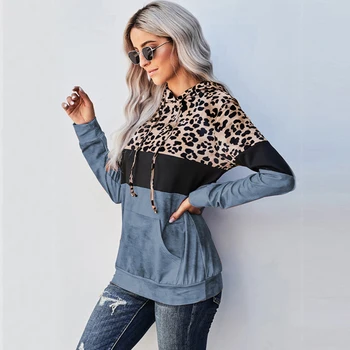 Nové Jeseň Ženy Leopard Tlač s Kapucňou, Dlhý Rukáv Patchwork Bežné Farby Blok Pulóver Streetwear Módy Mikina so Zipsom