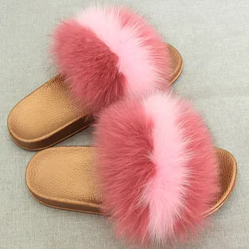 RUIYEE Madam Skutočný Papuče Luxusné Fox Kožušiny Plážové Sandále Načechraný Pohodlné Chlpaté Papuče Sandále 2018 nové