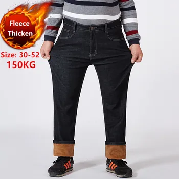Zimné Jeans Mens Fleece Teplé Vysoký Muž V Strede Zúžený Úsek Nohavice Čierne Plus Veľkosť 44 46 48 50 52 Mužov Denim Hrubé Velvet Muž Nohavice