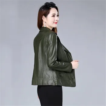 Kožená bunda ženy, zelená, xl-6xl plus veľkosť dlhý rukáv 2020 jeseň nový kórejský móda krátkych slim mama pu faux kožený kabát JD561