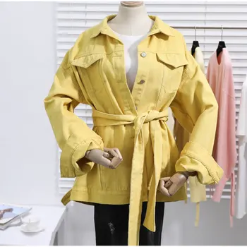 Kinsaga Jar Samostatne Motýlik Nadrozmerná Žltá Polovice Dlho Denim Jacket Ženy Highstreet Vintage Dlhý Rukáv Kabát Na Jeseň Voľné Bundy