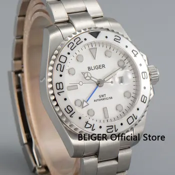 Pevné Bliger 43mm biela dial keramická fazeta GMT funkcia svetelný známky, strieborná farba prípade automatického pohybu pánske náramkové hodinky B26