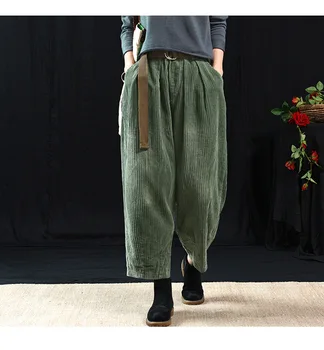 Jeseň zima retro menčestrové nohavice ženy plus veľkosť nohavice žena Elastický Pás vrecko na Voľné Bežné Nohavice
