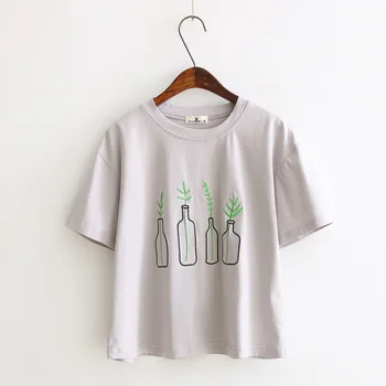 LUNDUNSHIJIA Váza Výšivky T-shirt Ženy Topy Ženy Bežné Tee Femme Letnej Móde T-shirt 2016 Lete 4347