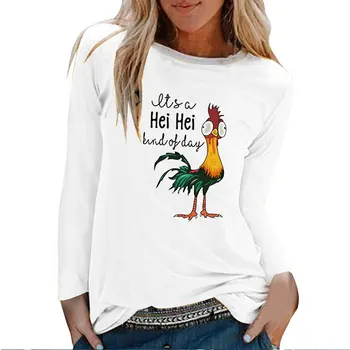 Je to Hei Hei Kohút Tlač Dlhý Rukáv T-shirts Ženy Jeseň Zima T Shirt Ženy Zábavné Biela Kolo Krku Harajuku Top Žena