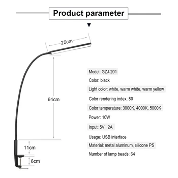 Dlhé Rameno stolná Lampa 64 Led USB Pružný Klip Office LED Stolná Lampa prostriedky na ochranu Očí Nastaviteľný Jas a Farba Pre Spálne Štúdia