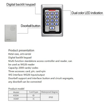 Dvierka Ovládanie klávesnice outdoor IP65 vodotesná Klávesnica RFID Prístupový Systém Blízkosti Karty Samostatný 2000 Užívateľov