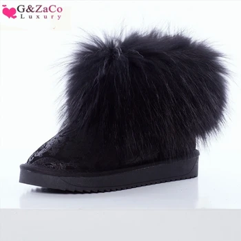 G&ZaCo Luxusné Ženy Topánky Pravej Kože Natrual Fox Snehu Kožušiny Topánky Hrubé Plyšové Krátke Čierne Tlač Módne Zimné Topánky