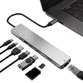 Zbrusu Nový 8 v 1 Typ-C ROZBOČOVAČ HDMI USB3.0 RJ45 10/100M Gigabit LAN PD TF Pamäťovú Kartu Converter Adaptér pre WIN/ MAC OS/Linux