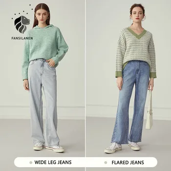 FANSILANEN Bežné streetwear modrá širokú nohu, džínsy Ženy tvojich priateľov, vysoký pás džínsy Žena jeseň zima vintage denim nohavice