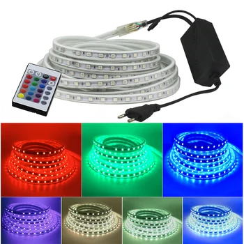 RGB LED Pás Svetla kit s Diaľkovým ovládačom Také Mäkké Svetlo LED Pásky Nepremokavé AC220V SMD 5050 LED Páska Flexibilné Pásy