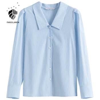 FANSILANEN Vintage blue bavlna pruhované, blúzky, košele Ženy dlhý rukáv streetwear bežné tlačidlo hore tričko Office lady top žena