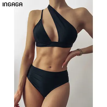 INGAGA Vystrihnúť Bikini Vysoký Pás dámske Plavky, Plavky Jedného Pleca plavky 2021 Push Up Biquini Sexy Čierne Bikiny