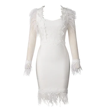 2020 Nové Módne Biele Šaty Bez Ramienok S Dlhým Rukávom Patchwork Čipky Perie Sexy Mini Šaty Žien Oblečenie
