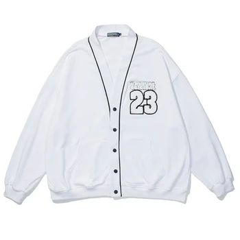 Mens Číslo 23 Výšivky Cardigan Mikina Otvoriť Steh Vintage Harajuku Bunda 2021 Jar Unisex Nadrozmerná tvaru Streetwear