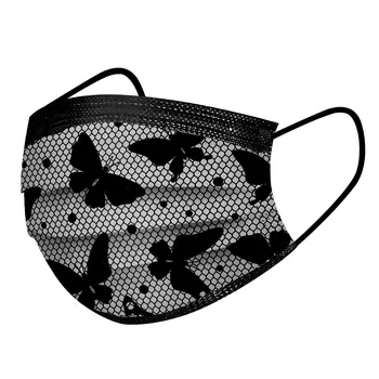 50pcs Jednorazové Čipky Úst Maska Non-tkané 3-vrstvový Filter, Masku na Tvár Motýľ Vytlačené Čierny Prach Dôkaz Dospelých Úst Masky Маски