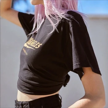 Letné Vintage Čierna Obrázok Orezať Topy Tees 2020 Nové Ženské Bavlna List Tlač Krátke Sleeve T Shirt Sexy Bežné Tričko Ženy
