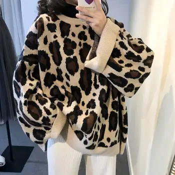 Bella filozofia Leopard Sveter Ženy O Krk Dlhý Rukáv Pulóvre Vintage Voľné Topy kórejský Nové Módne Streetwear Vytiahnuť Femme