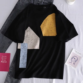 Hirsionsan Geometrické Vytlačené T Shirt Ženy 2019 Nové Letné Ženy V Bielych Tričkách O-Krku Voľné Tee Topy Krátky Rukáv Femme T-Shirt