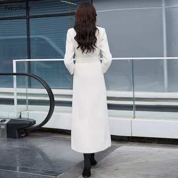 FairyShely kórejský Módne Biele Vlnené Kabát 2020 Ženy Jeseň Zima Nové Plus Veľkosť Žena Dlhej Časti Kabát Office Lady 3XL