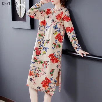 2020 Vintage Kvetinový Tlač Midi Šaty Jeseň Zima Nové Plus Veľkosť Dlhý Rukáv Sveter Šaty Elegantné Ženy Pletené Šaty Vestido