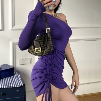 2021Dress ženy módne fialové Bodycon Šaty Ženy Sexy Klub Party Šaty na Jedno rameno Dámy Tuhé Chudá Elegantné Šaty