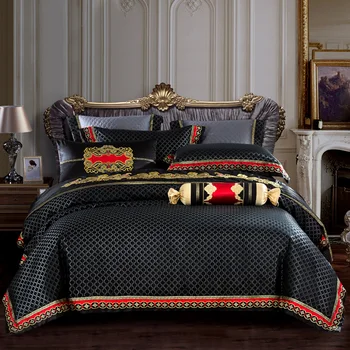 Čierny Hnedý Modrý Kráľ Queen Size Bed nastaviť Satin Žakárové Bavlnená posteľná bielizeň Nastaviť Posteľ List nastaviť Perinu Bedlinens obliečky na Vankúše