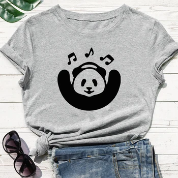 Kawaii Ženy tričko Zábavné Panda Pitia Čaju Tlač Jemné Krátke sleeve T-shirt Lumbálna Punk Lacné Kolo Krku Sivý Biele Tričko