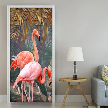 DIY Samolepiace Dvere Nálepky Stenu Banán Leaf Flamingo 3D Photo nástenná maľba Tapety Pre Obývacia Izba, Spálňa Domov Dekor Dverí