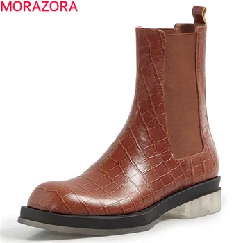 MORAZORA 2020 Originálne kožené topánky s nízkym podpätkom kolo prst bežné dámy topánky móda slip-on solid farba jeseň zimná členková obuv