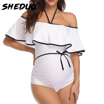 Tehotná Jeden kus Plus Ženy Veľkosti plaviek 2019 Nové plavky s uväzovaním za Rameno mimo Femme Solid Print, Plavky, plážové oblečenie Tehotné Oblek