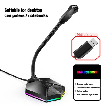 USB Počítača Mikrofón Plug &Play Ploche Všesmerového Kondenzátora RGB Svetlo Dýchania USB Mikrofón pre Počítač, Notebook, PC