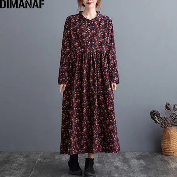 DIMANAF Plus Veľkosť Ženy Vintage Šaty s Dlhým Rukávom Kvetinový Tlač Elegantná Dáma Vestidos Prairie Elegantné Voľné Jeseň Zimné Oblečenie