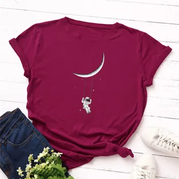 Mesiac Astronaut Print T Shirt Plus Veľkosť Ženy Bavlny s Krátkym Rukávom Letné Tričko Ružové Topy Bežné Tričko S-5XL