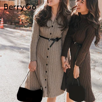 BerryGo Bežné stojan golier ženy pletené šaty Jeseň zima dlhý rukáv tlačidlo šaty High street style ženské šaty, sveter