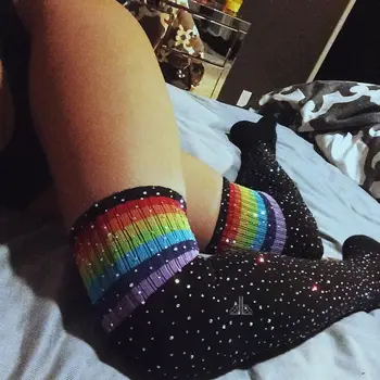 Fashion Kamienkami Rainbow Prúžok Dlhé Hrubé Nad Kolená Teplé Ponožky Dámy Stehná Vysoké Pančuchy Veľkosť Na Jeseň Zima