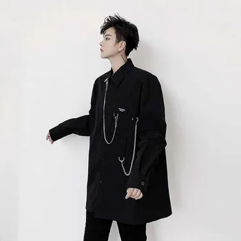 Muž Streetwear Hip Hop Japonsko Kórea Štýl Voľné Čierne Šaty, Košele Mužov Reťazca Prívesok Bežné Tričko S Dlhým Rukávom