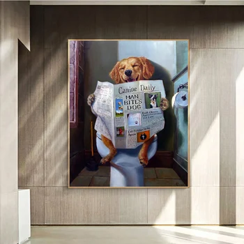 Legrační Zviera Úsmev Pes Čítať Noviny olejomaľba na Plátno na Stenu Umenie Plagátu a Vytlačí Obrázok pre Kúpeľňa Wc Dekorácie