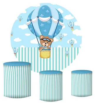 Teplovzdušný Balón krstu Dieťa Sprcha Foto Pozadia Medveď Narodeniny Pozadí Modrej Oblohy Biele Oblaky Tortu Tabuľka Kolo Pozadie