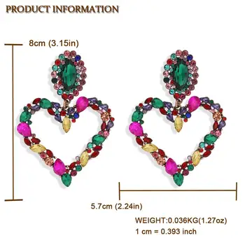 Dvacaman Luxusné Farebné Sklo Veľké Srdce Drop Náušnice pre Ženy Móda Geometrické Crystal Prívesok Náušnice Boho Šperky, Svadobné