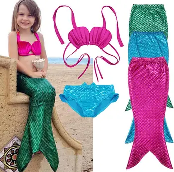 Kostým 3ks Dievča Dieťa Narodeniny Dovolenku Dar Morská víla Chvost Cosplay Bikini Set Plavky Modrá Ružová Zelená